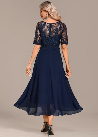 Navy lace short sleeve midi dress for women | Sophie