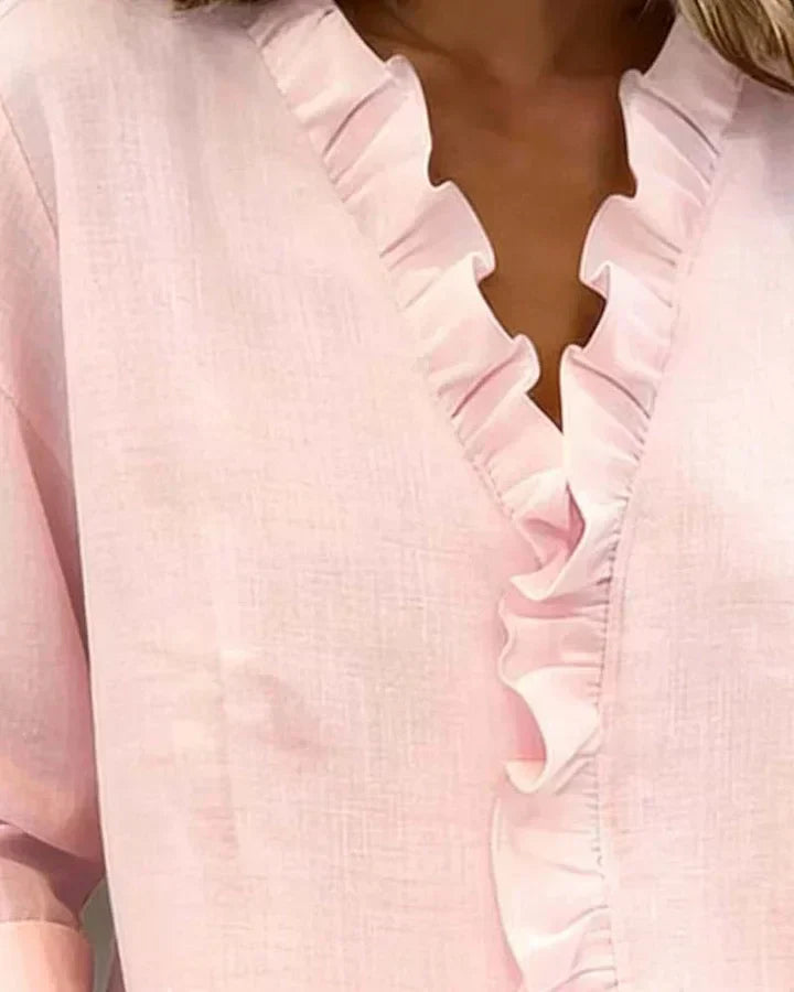 Blouse with ruffled V-neck and long sleeves for women | Indie