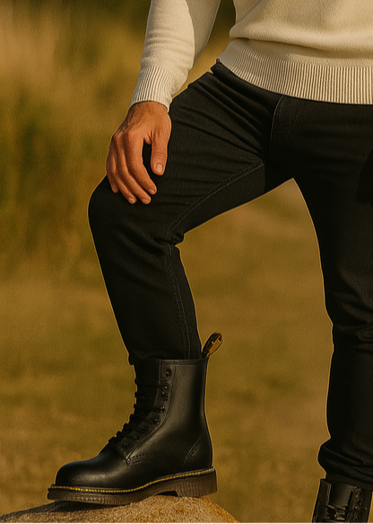 Man wearing a beige sweater and black pants standing on a dirt path with greenery in the background