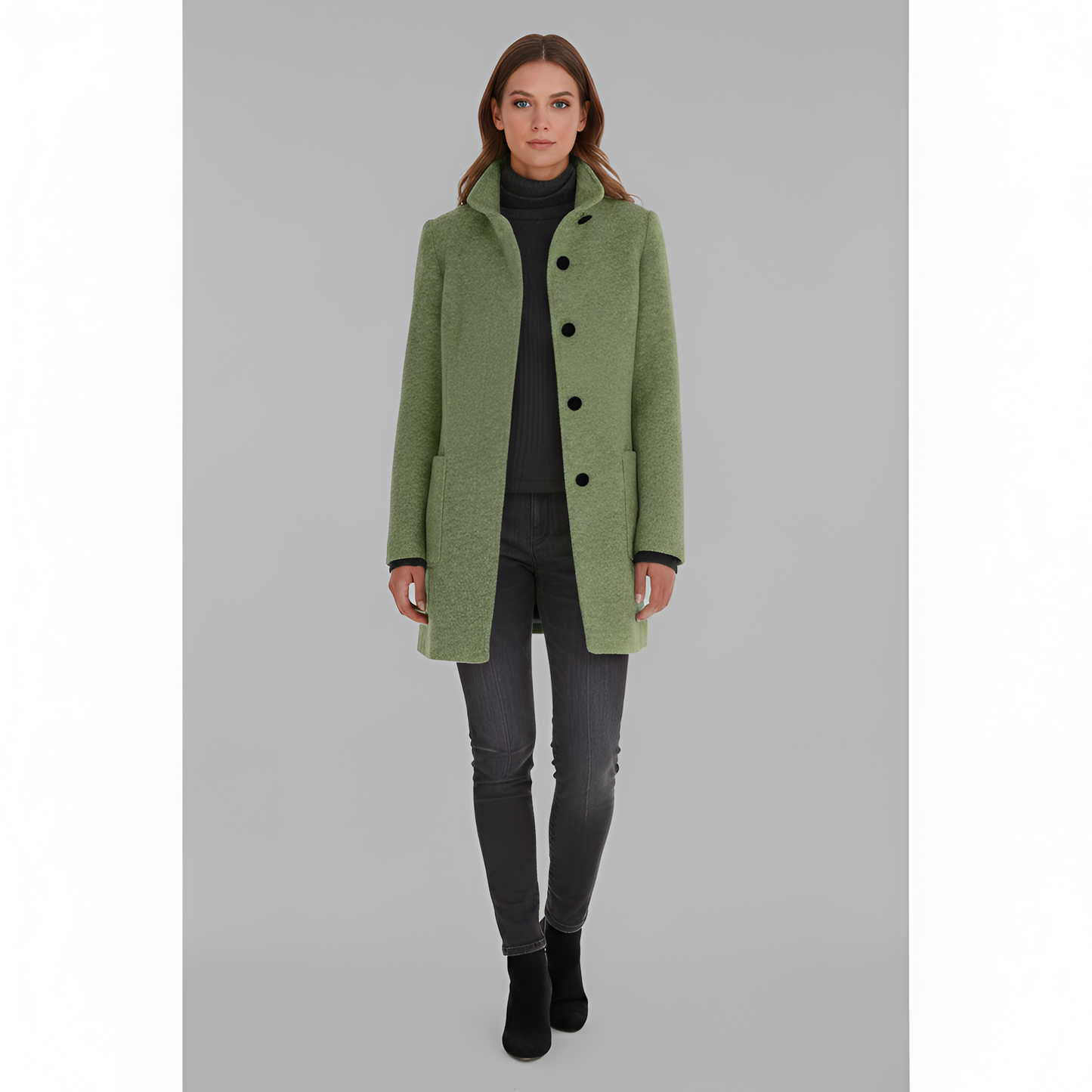 Elegant button-front coat with high collar for women | Valerios