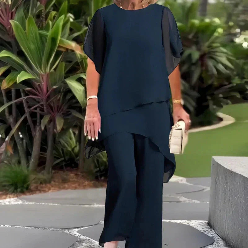 Chic irregular top and trousers set for women | Herlene -1